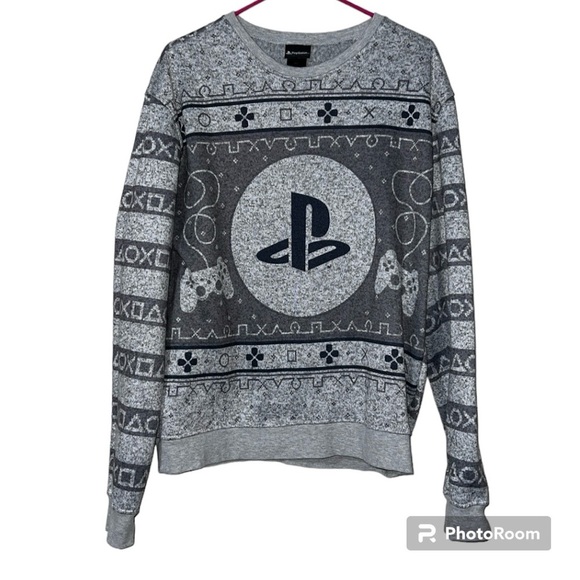 PlayStation size large mens sweater controllers pullover longsleeve grey games - Picture 1 of 11
